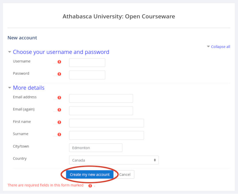 account creation page